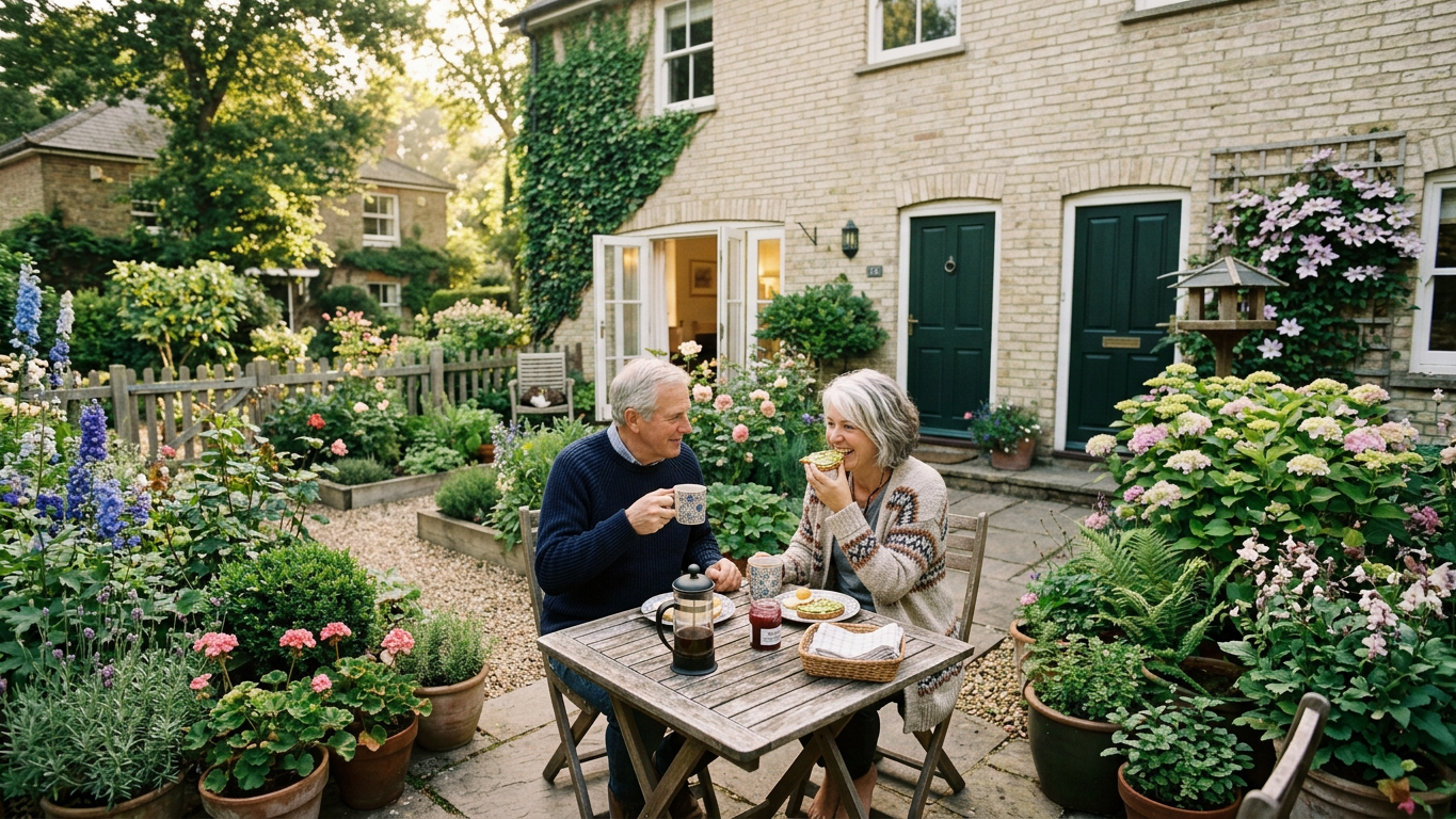 Tsawwassen Senior couple enjoying coffee in duplex garden
