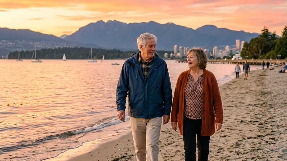 Tsawwassen Couple walking with a rolling walker along a waterfront promenade